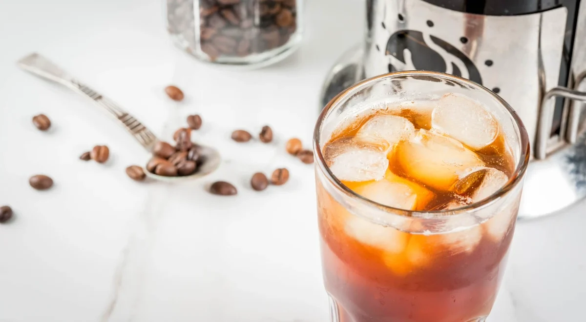 A cold brew coffee in a glass with ice