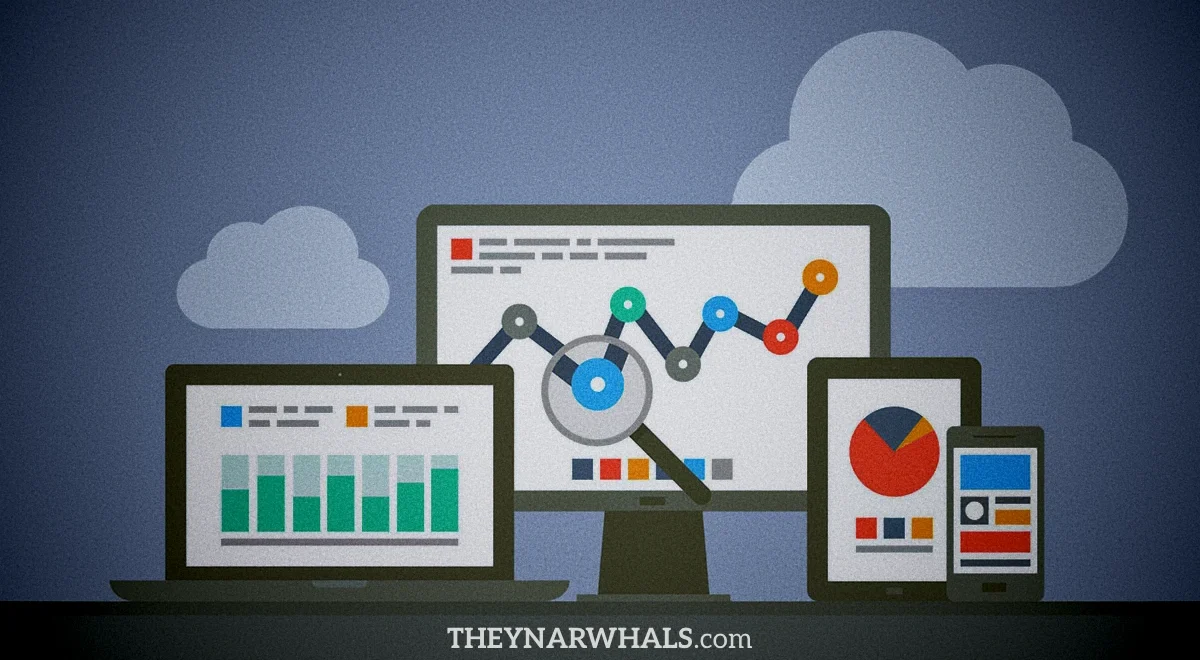 an illustration of website analytics on multiple devices, a laptop, an iMac, a tablet and an iPhone