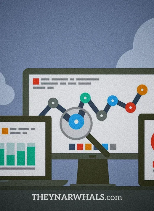 an illustration of website analytics on multiple devices, a laptop, an iMac, a tablet and an iPhone