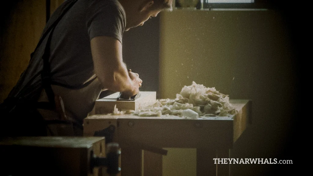 woodworker building custom hardwood furniture in workshop