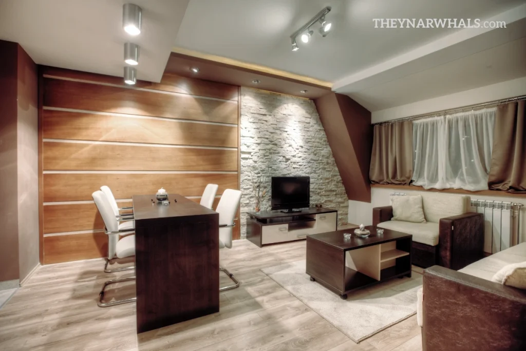 a modern looking room constructed with custom woodworking furniture
