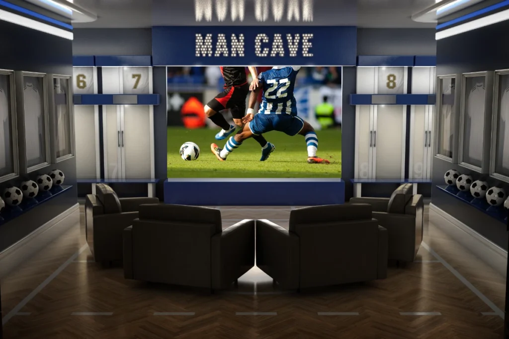 a photo of a man cave with a soccer game on a projection television.