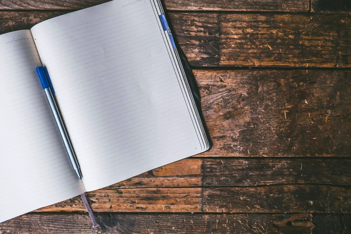 a photo of a journal on a wooden desk