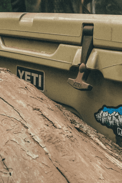 A yeti cooler in the woods behind a log.