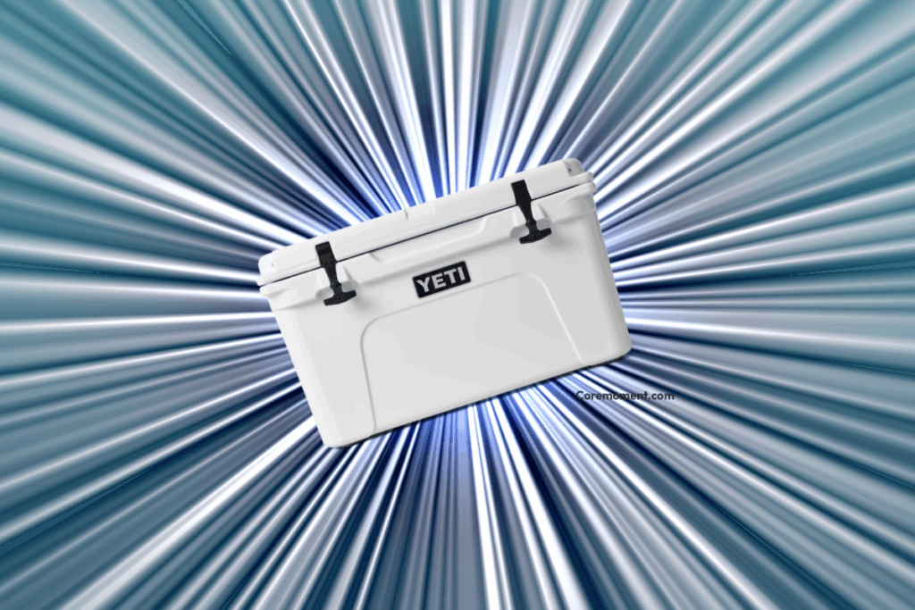 A white Yeti cooler on a starburst background